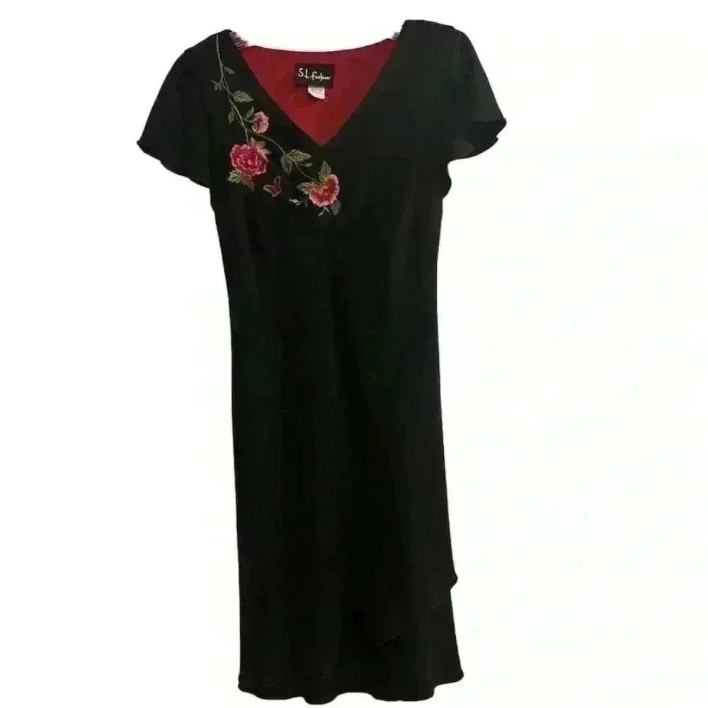 S.L. Fashions Women's Black Cocktail Dress‎ Size 10 V-Neck Short Sleeve